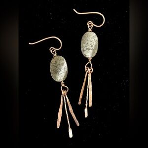 HAND CRAFTED Pyrite Wire Wrapped Copper Dangle Earring, Handmade Artisan Jewelry